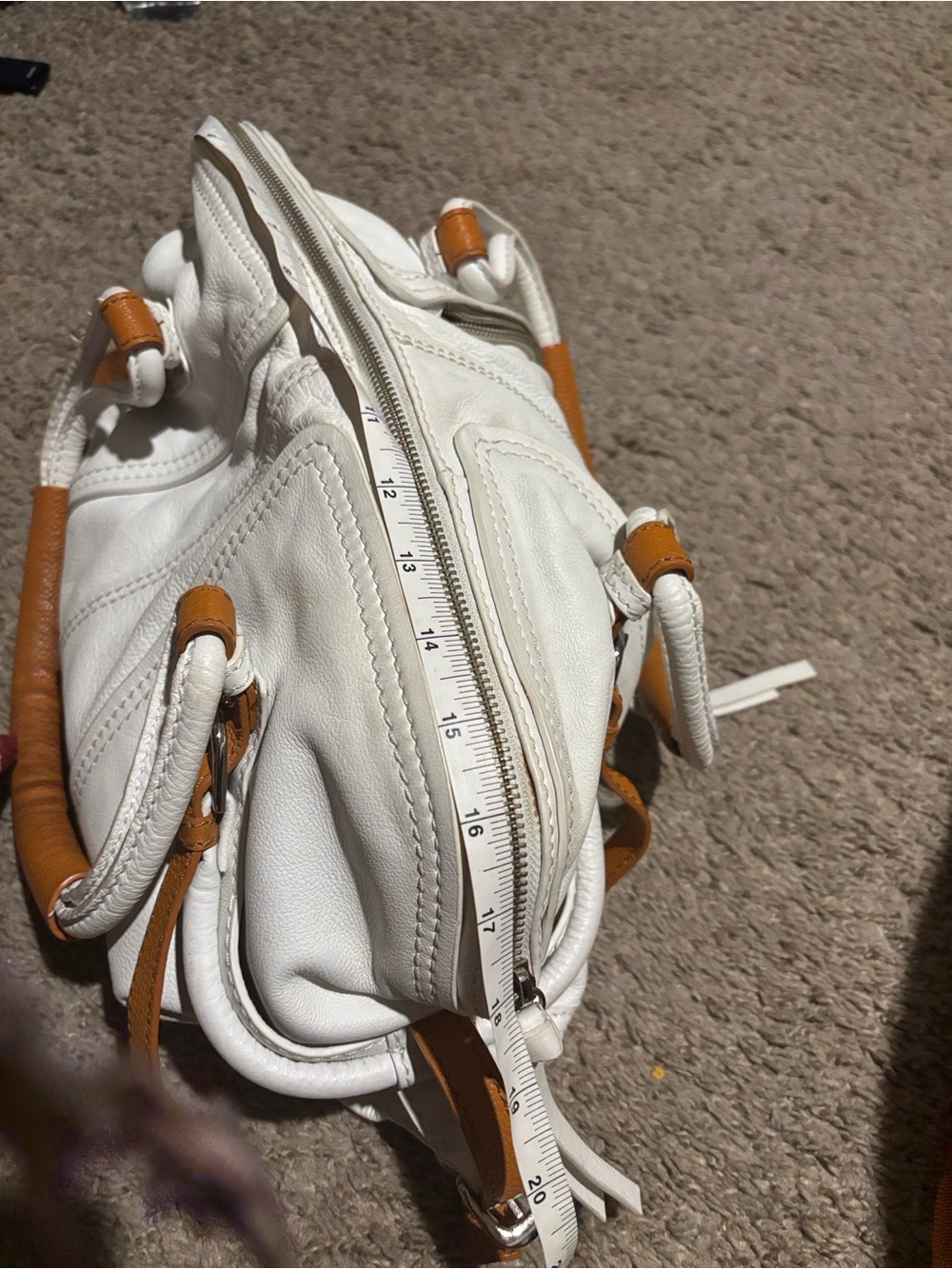 Sondra Roberts White with Tan trim Leather Satchel Handbag. - Picture 9 of 14